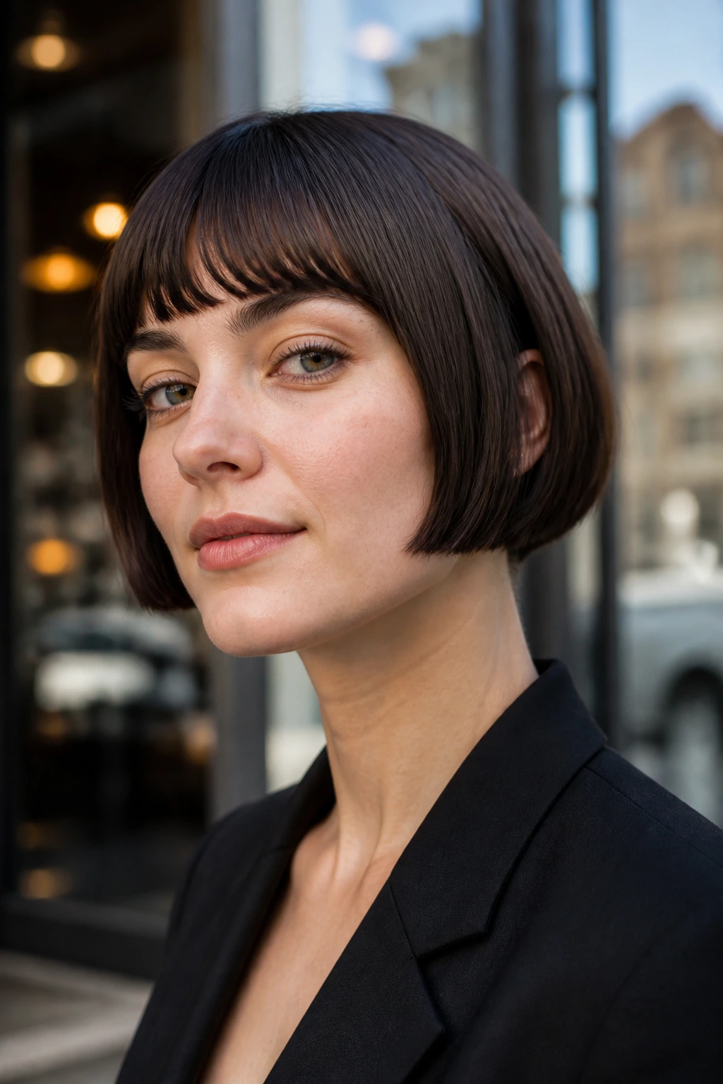 Real woman with micro bob above the jaw, crisp hem, urban backdrop