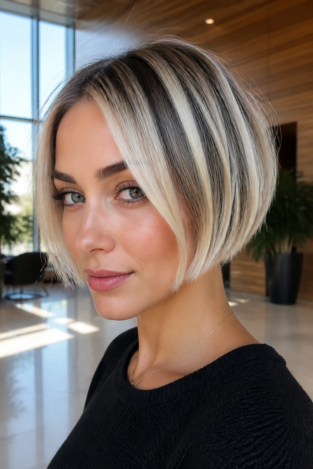 Close-up of a real person with a micro bob and high-contrast foils.