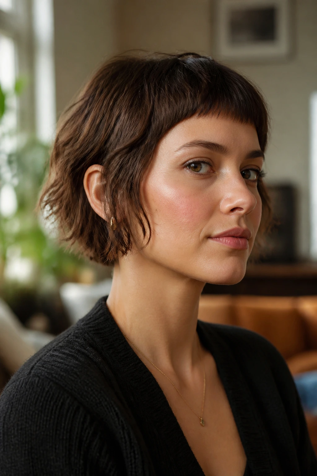 Close-up portrait of a real person showing a micro bob with jagged ends and texture