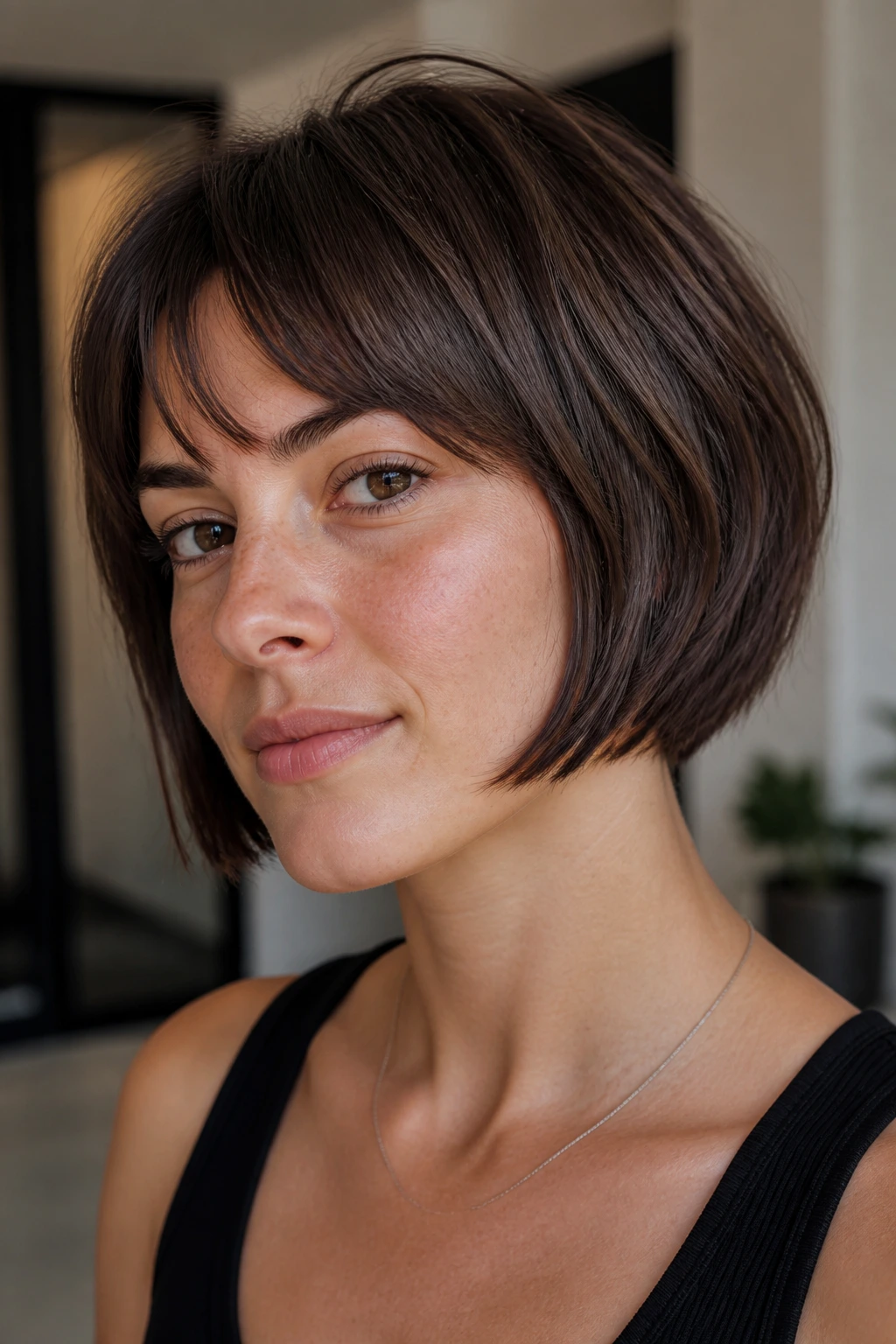 Close-up portrait of a real person with micro bob and soft internal layers.