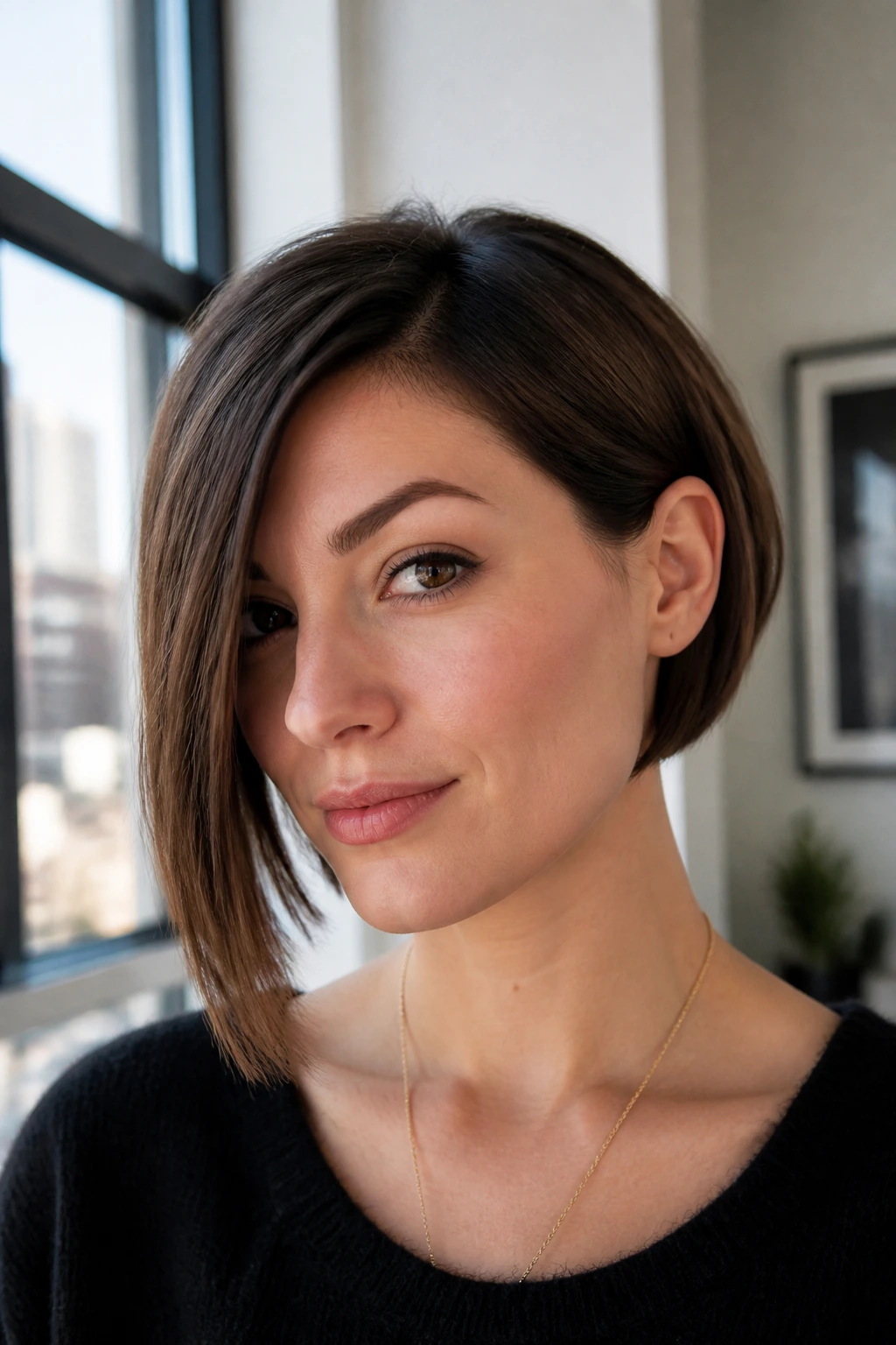 Close-up portrait of a real woman with Micro Bob With a Long Front Corner showing long front corner