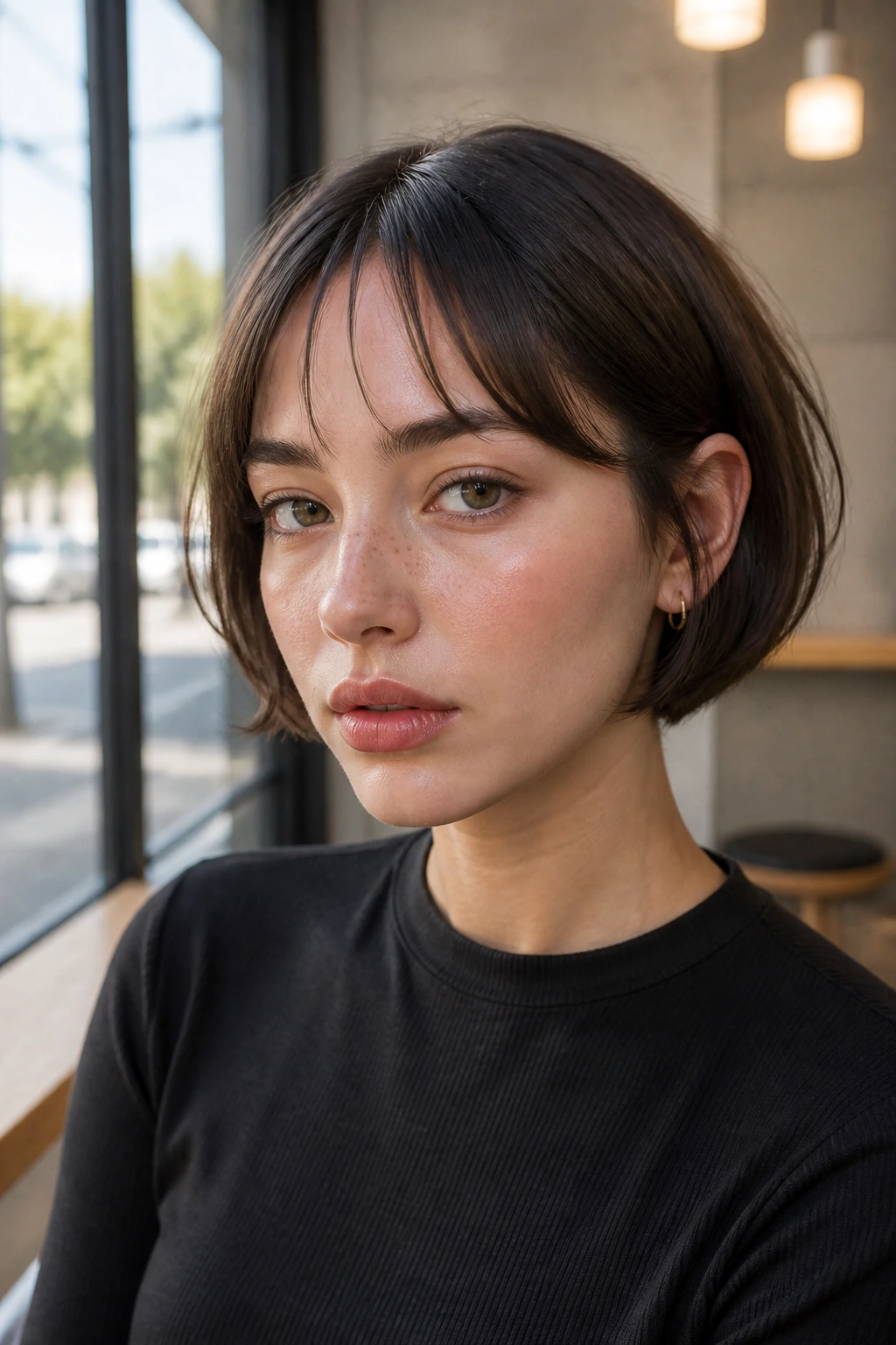 Close-up of a person with micro-bob and narrow curtain bangs under natural daylight