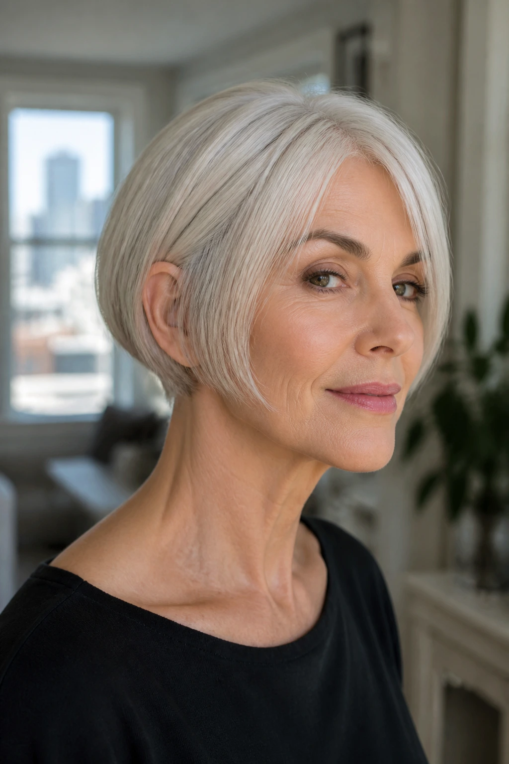 Close-up of a real woman with a micro bob in a bright apartment