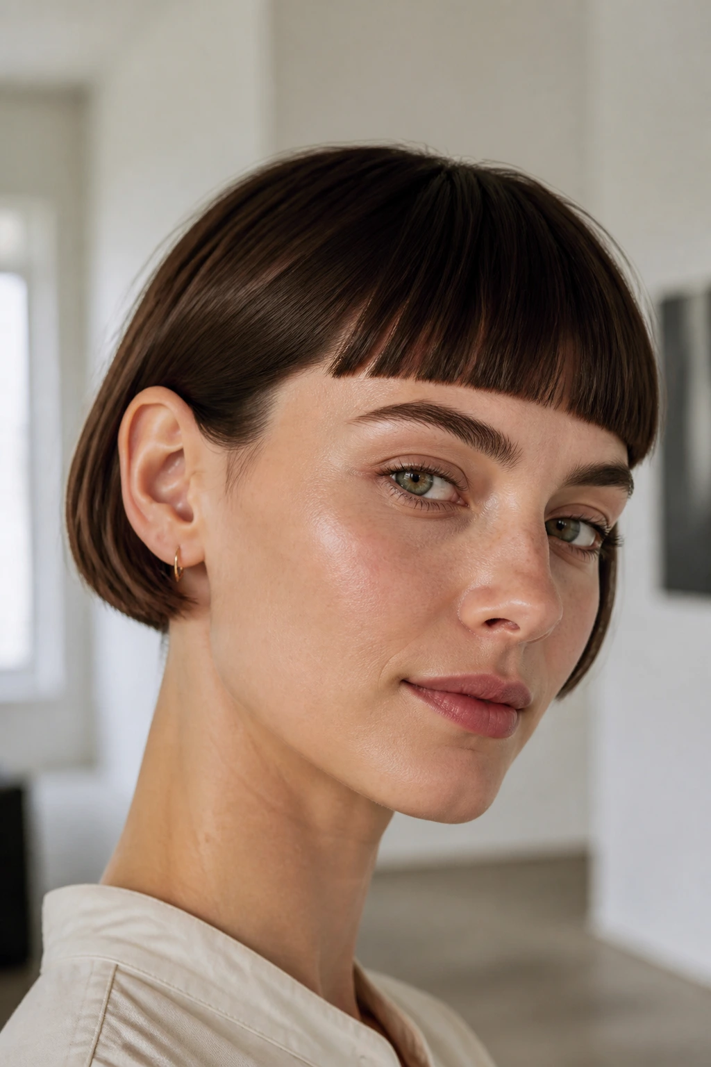 Portrait of a real woman with an ear-skimming micro bob and crisp perimeter.