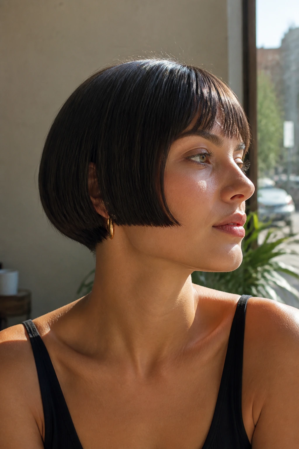 Close-up portrait of person with micro bob in sunlit cafe