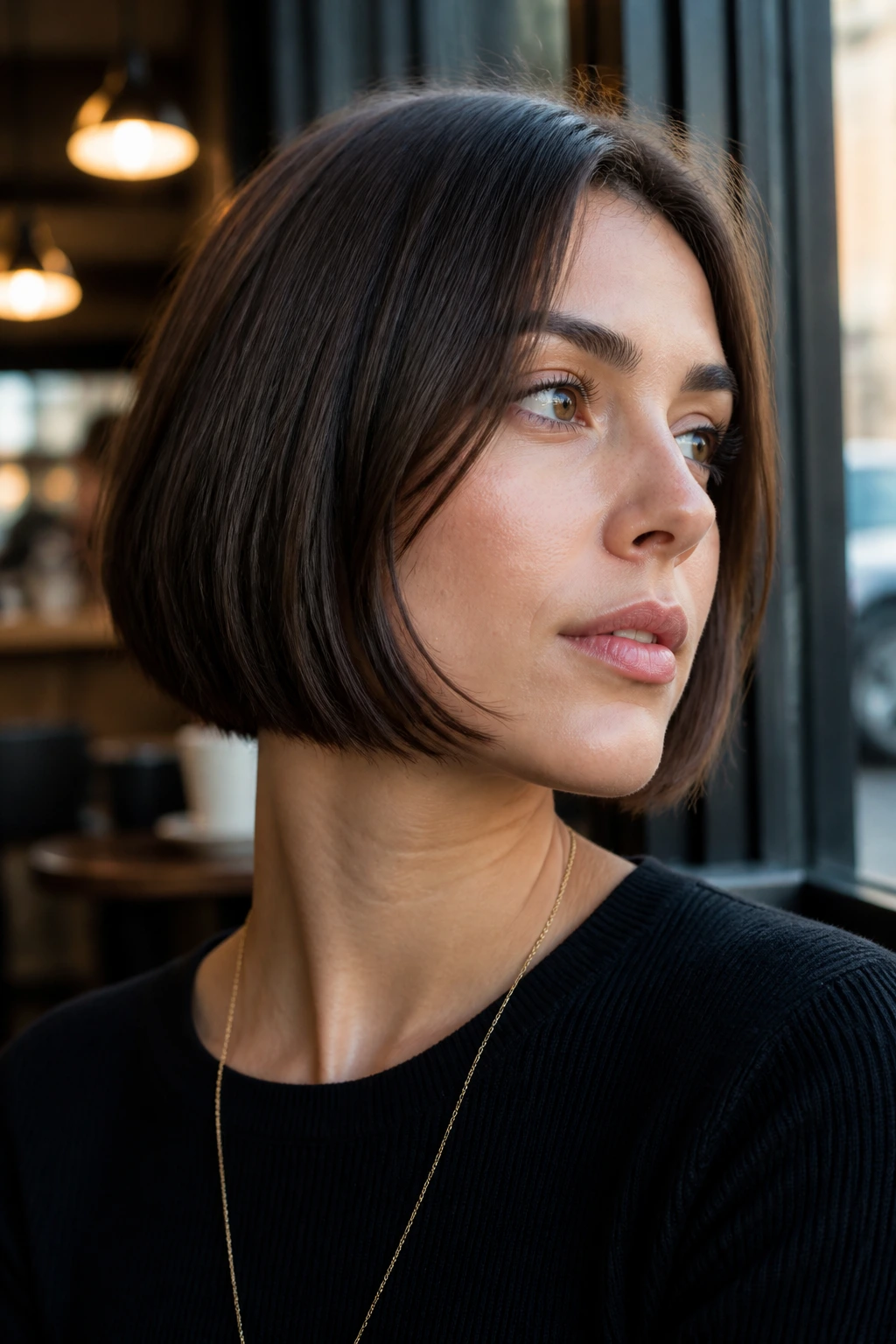 Close-up of a real woman wearing a jaw-length micro bob.