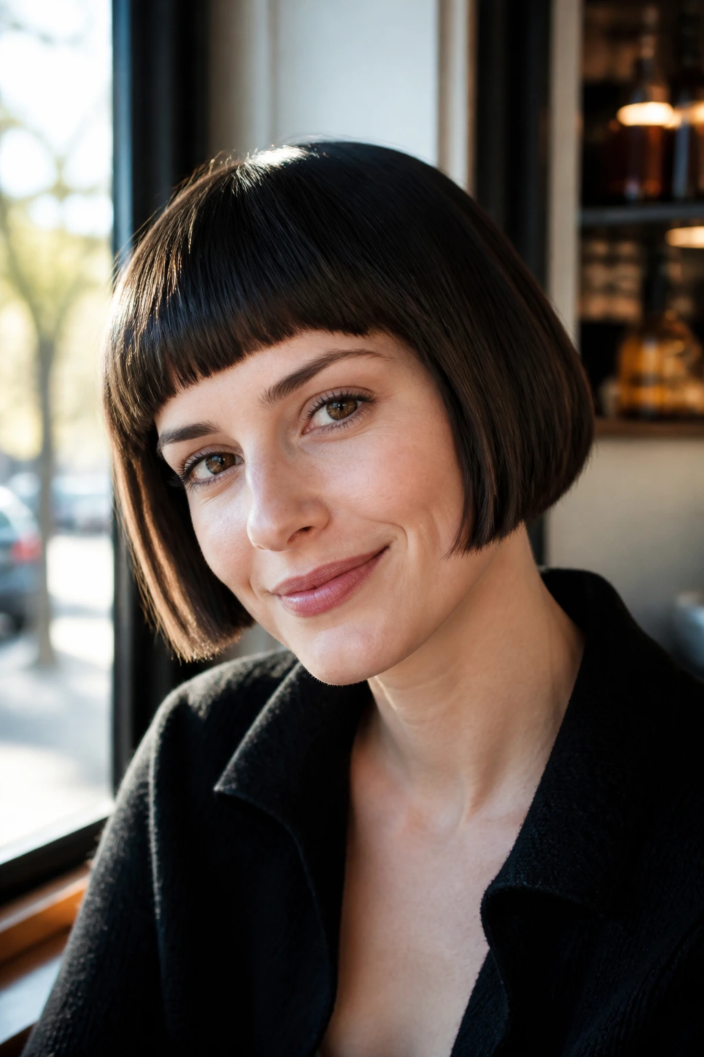 Close-up portrait of a real woman with a micro bob showing a sharp jawline