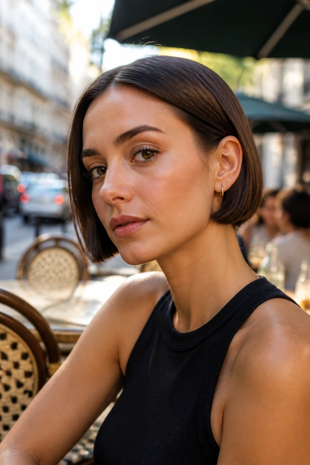 Close-up portrait of a woman with a jaw-length micro bob