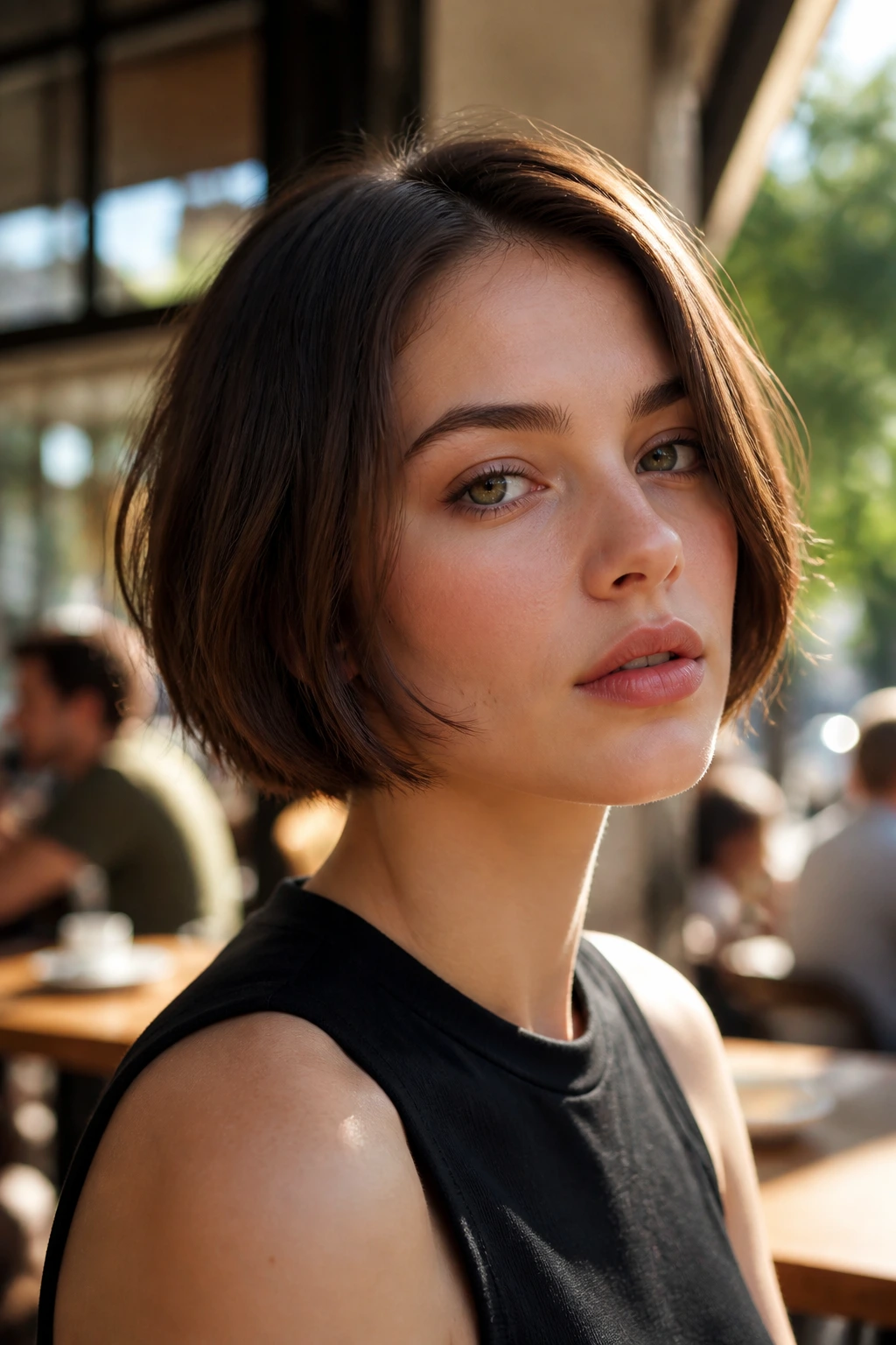 Close-up portrait of a real person with a micro bob at the jawline