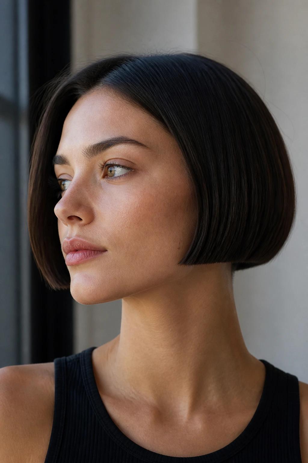 Close-up portrait of a woman with a micro bob showing neck and jaw.