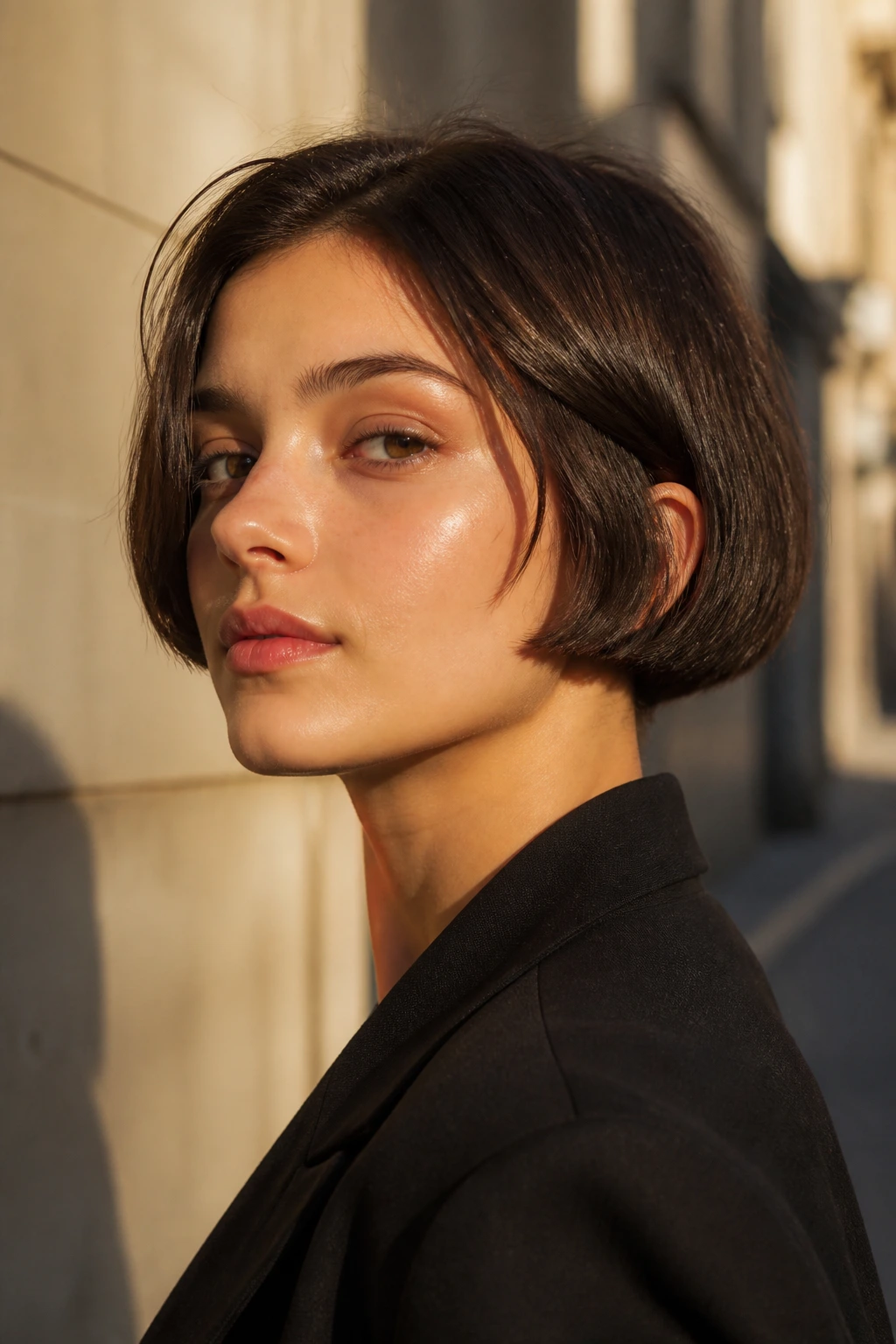 Close-up portrait of a woman with a micro bob in an urban street setting