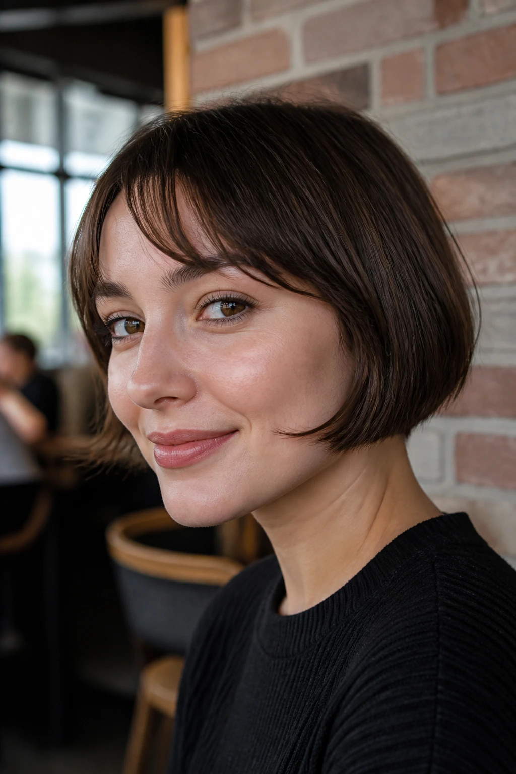 Close-up of a real woman with micro bob and razor-soft ends