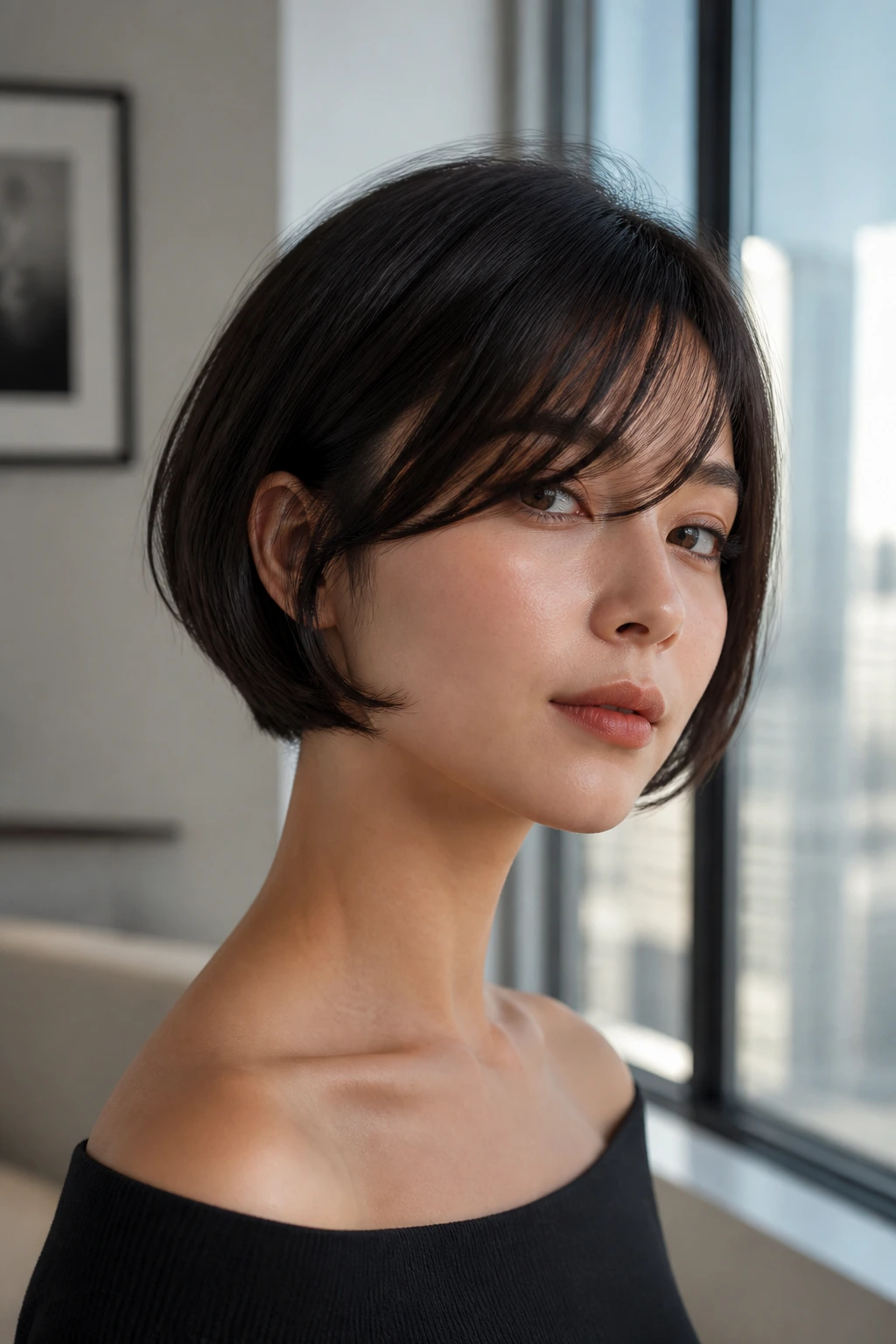 Portrait of a real woman with a micro bob and side-slip bangs in a bright city apartment.