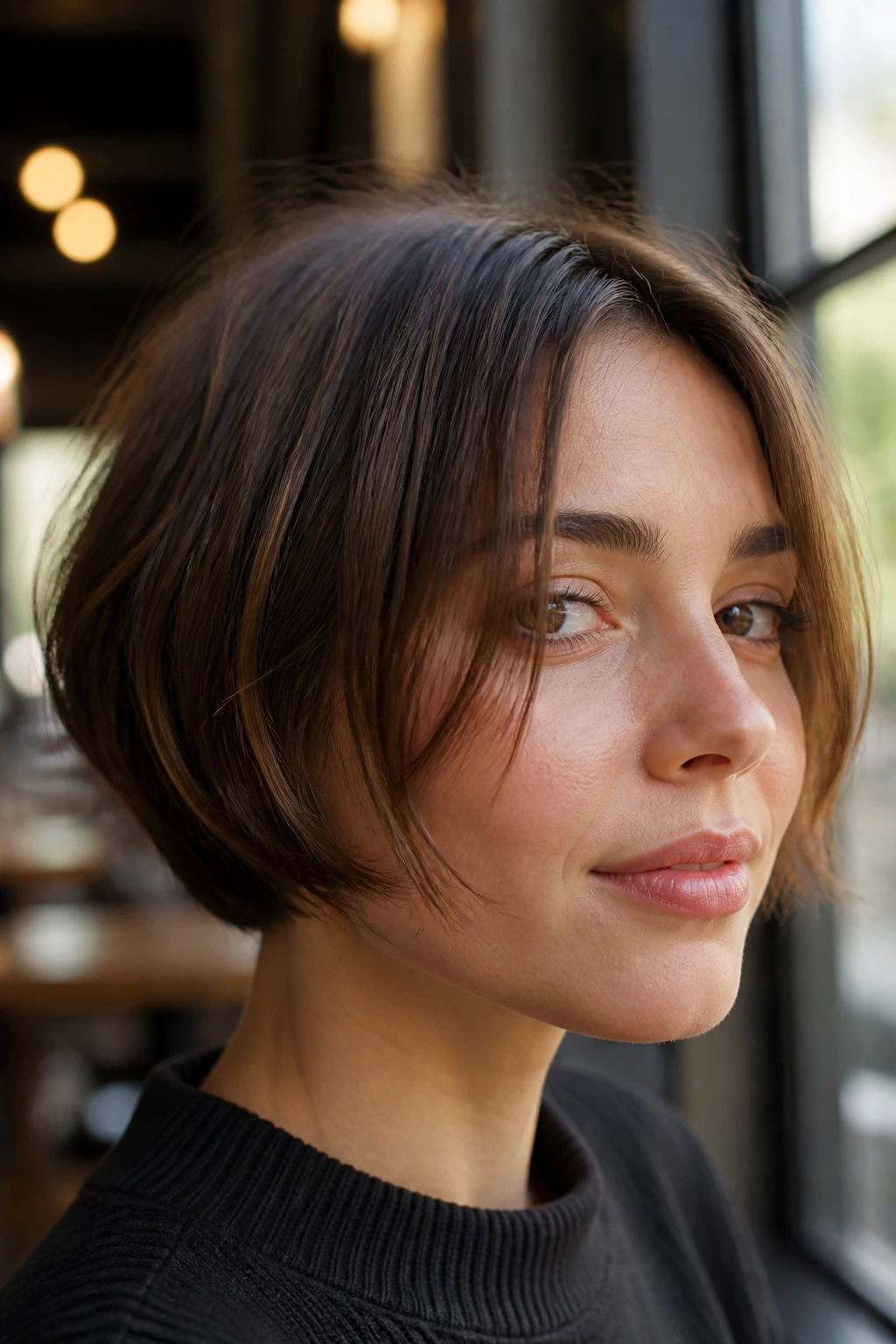 Real woman with micro bob showing soft internal layers