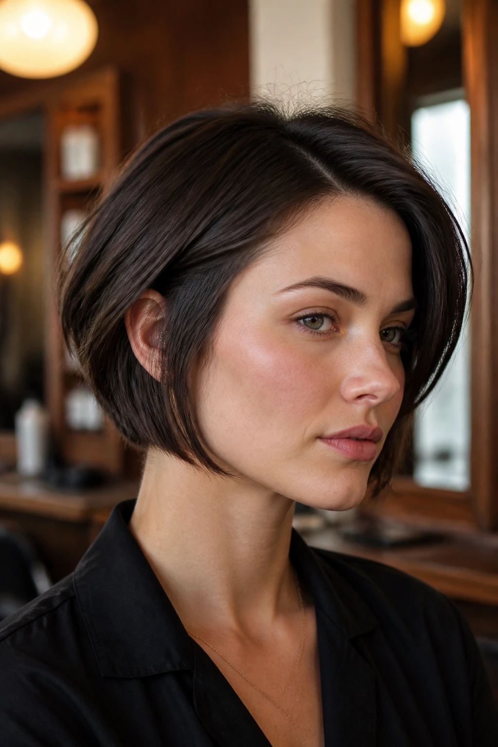 Close-up portrait of a real woman with micro bob and tapered ends