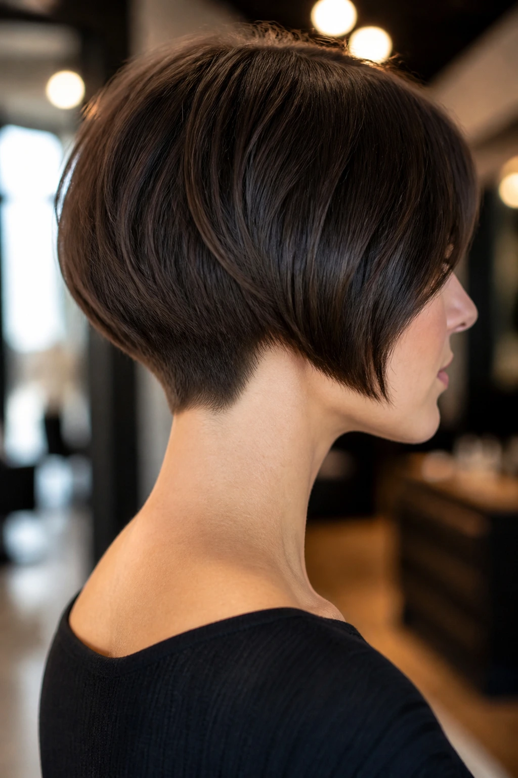 Close-up portrait of a real woman with a micro bob and tapered nape in a chic salon