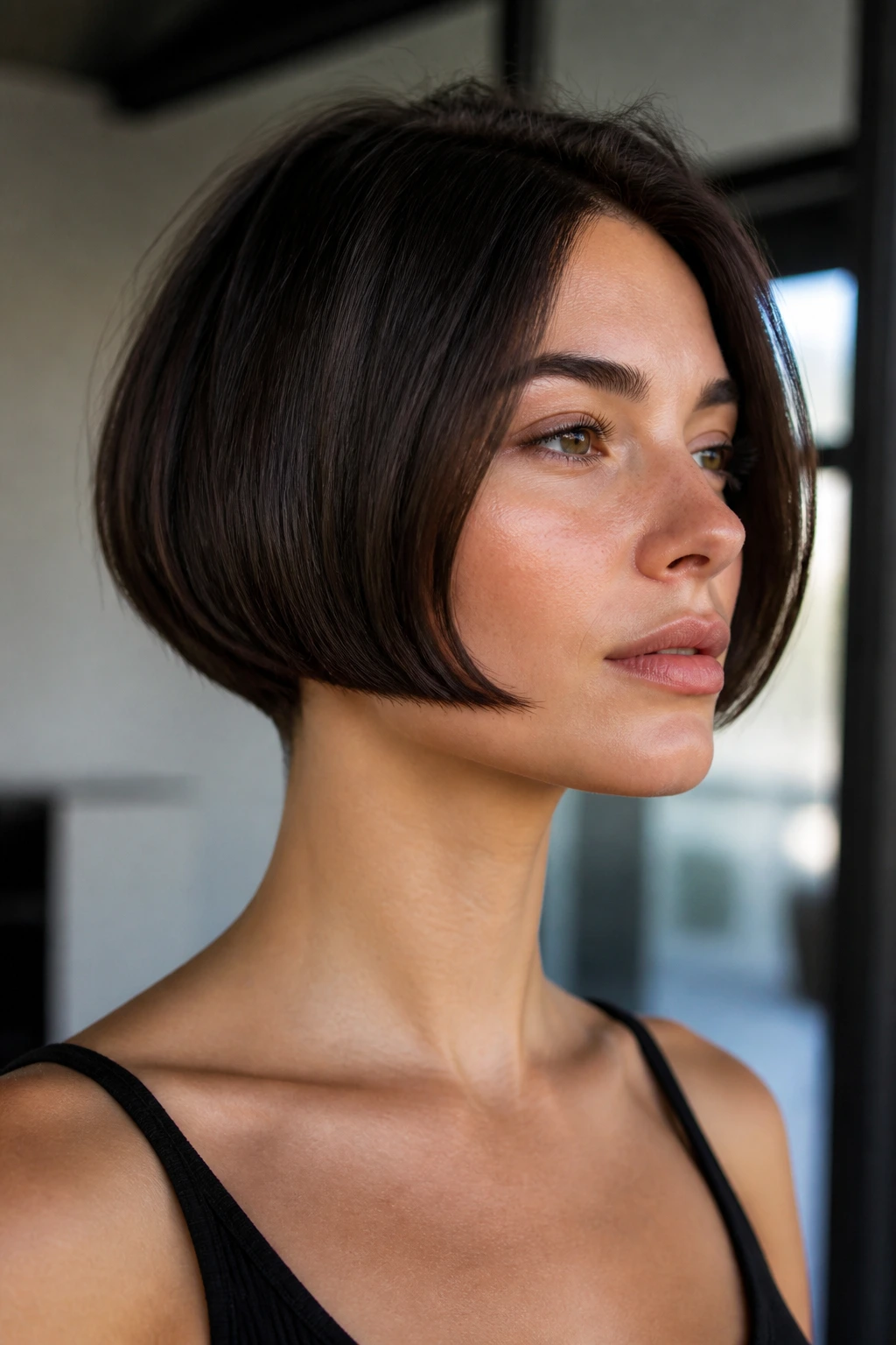 Real woman with high, sharp micro bob