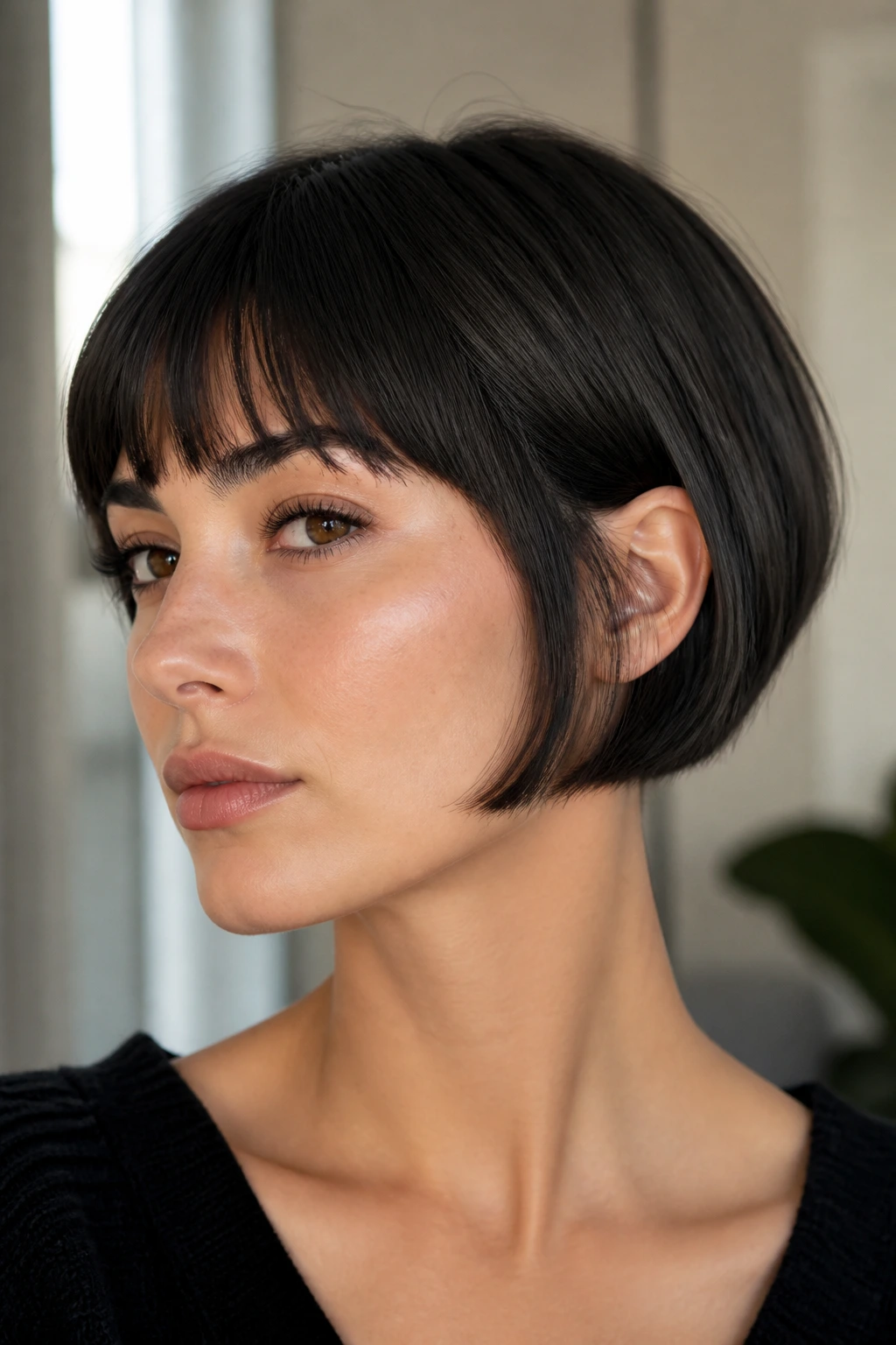 Close-up portrait of a real woman with a micro bob.
