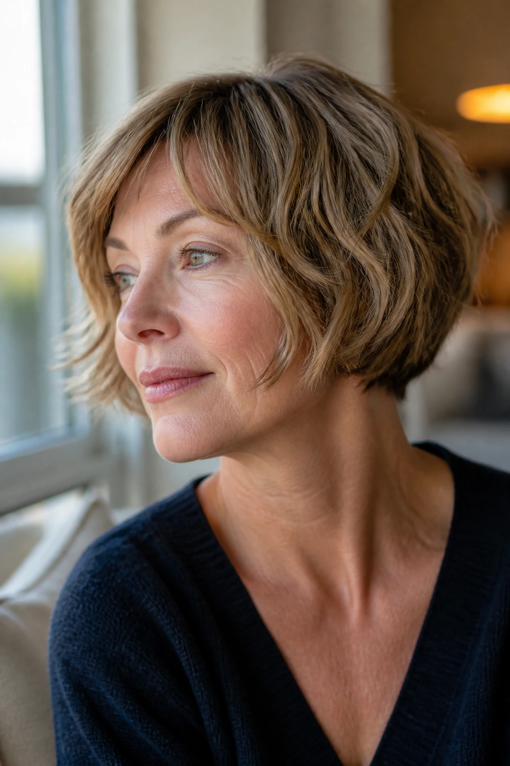 Close-up portrait of a woman with a tousled micro bob above the jaw.