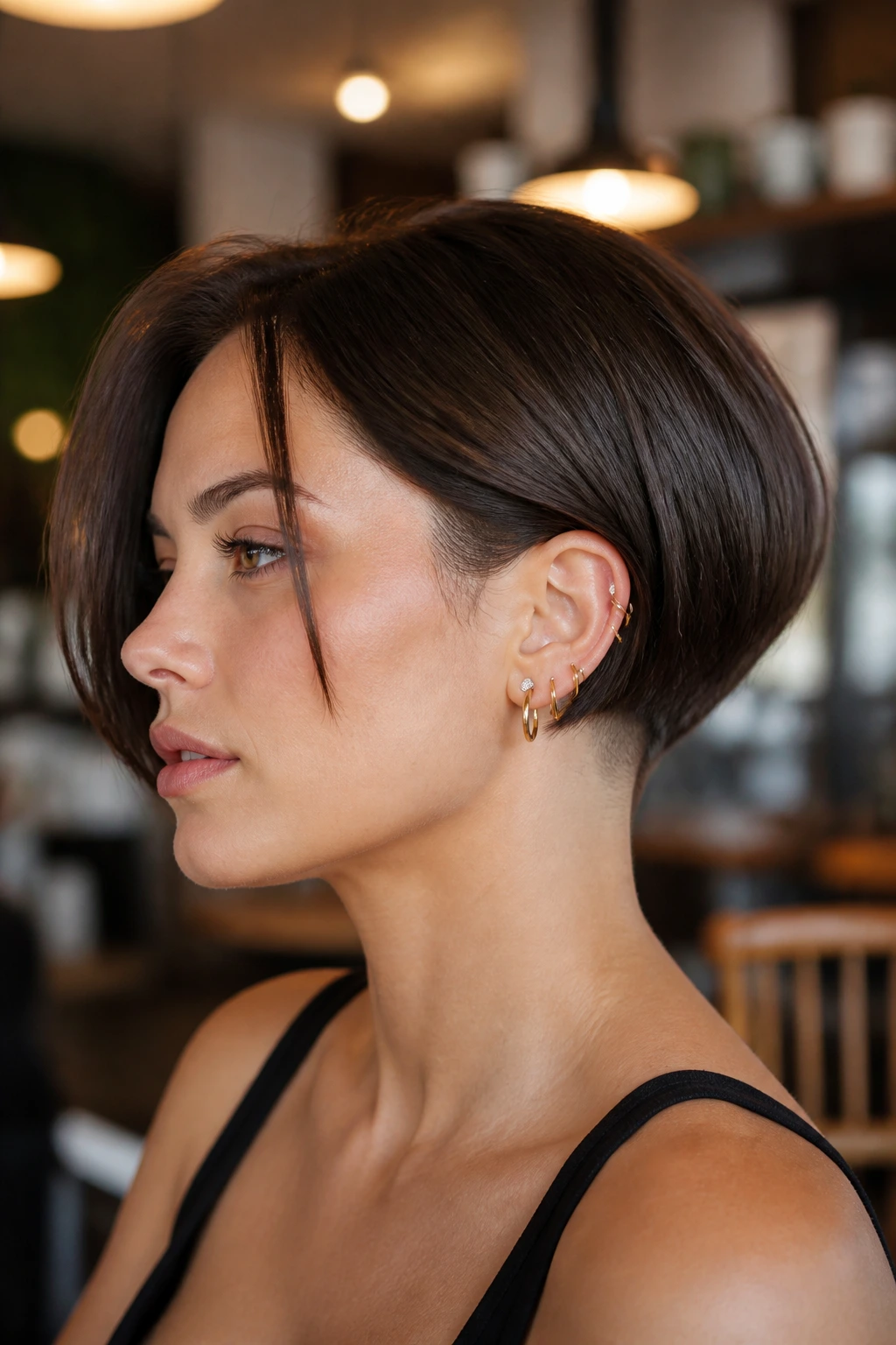 Close up of a real woman with micro bob and tucked undercut