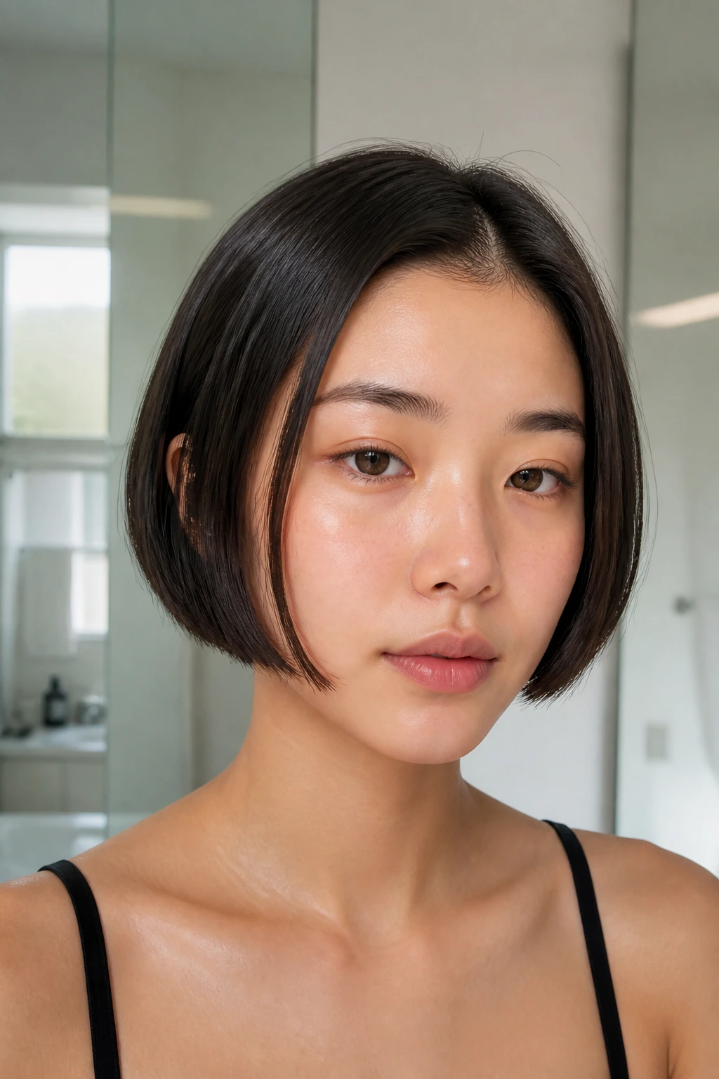 Frontal portrait of a real woman with a blunt micro-bob and hidden underlayer.