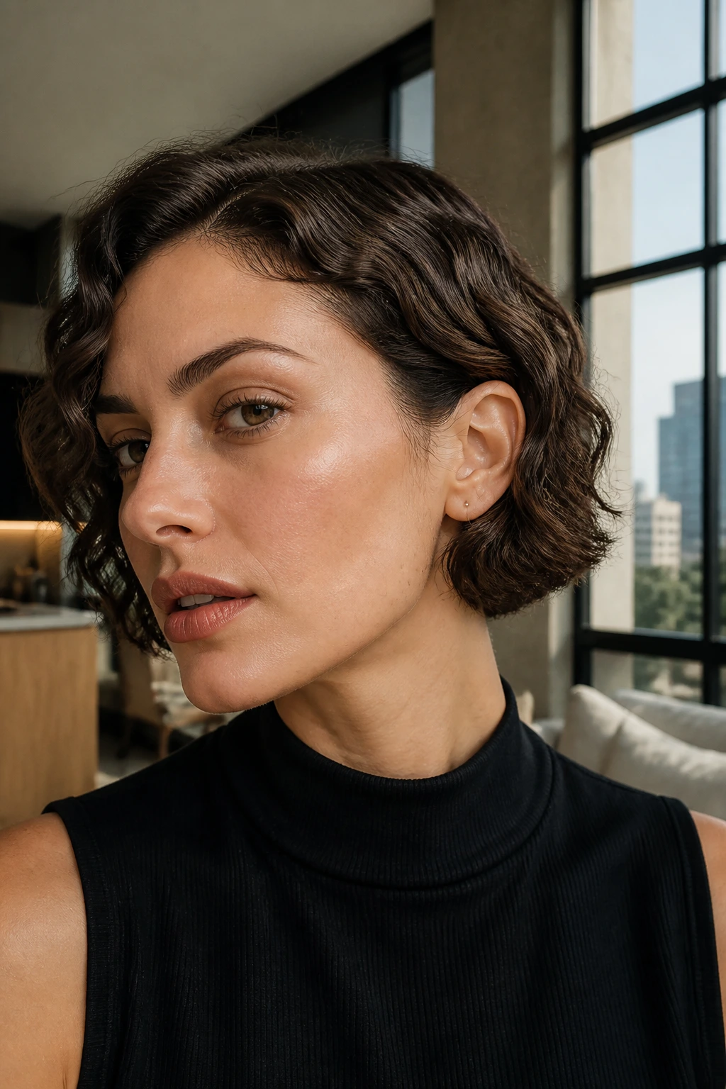 Close-up of a real woman with micro bob and tiny S waves