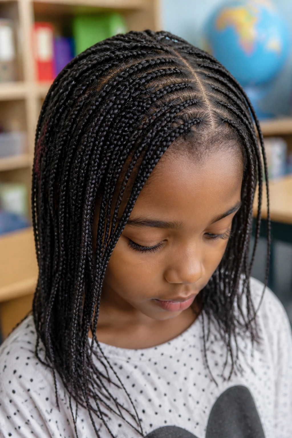 Extreme close-up of a child with micro box braids in a classroom