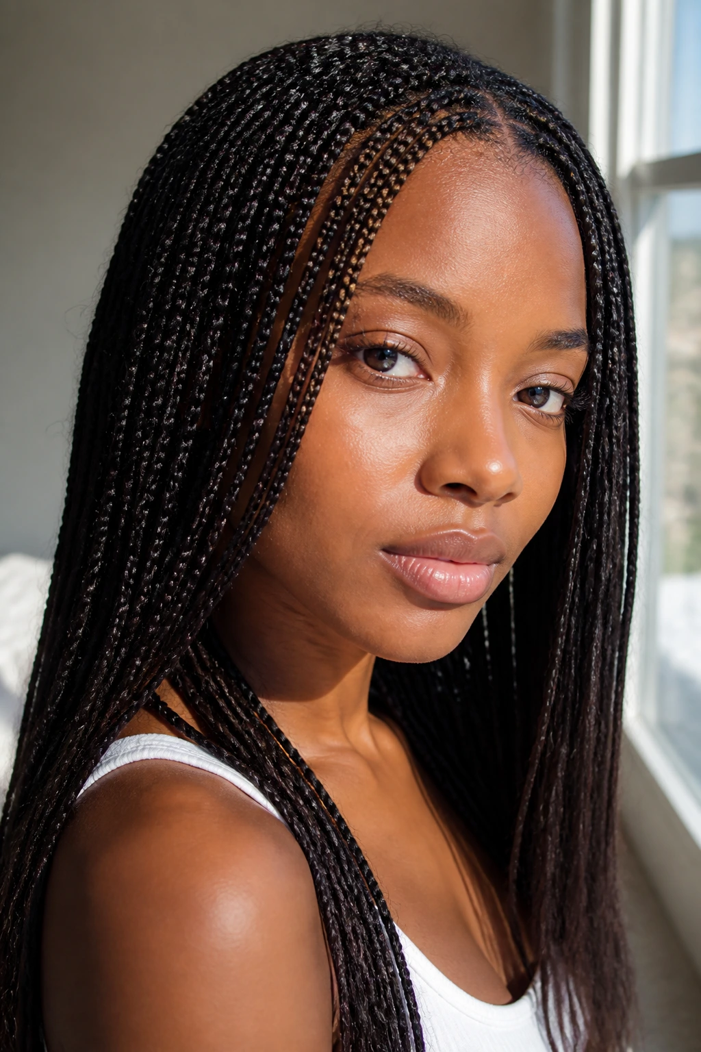 Close-up portrait of a real woman with micro box braids in a sunlit room