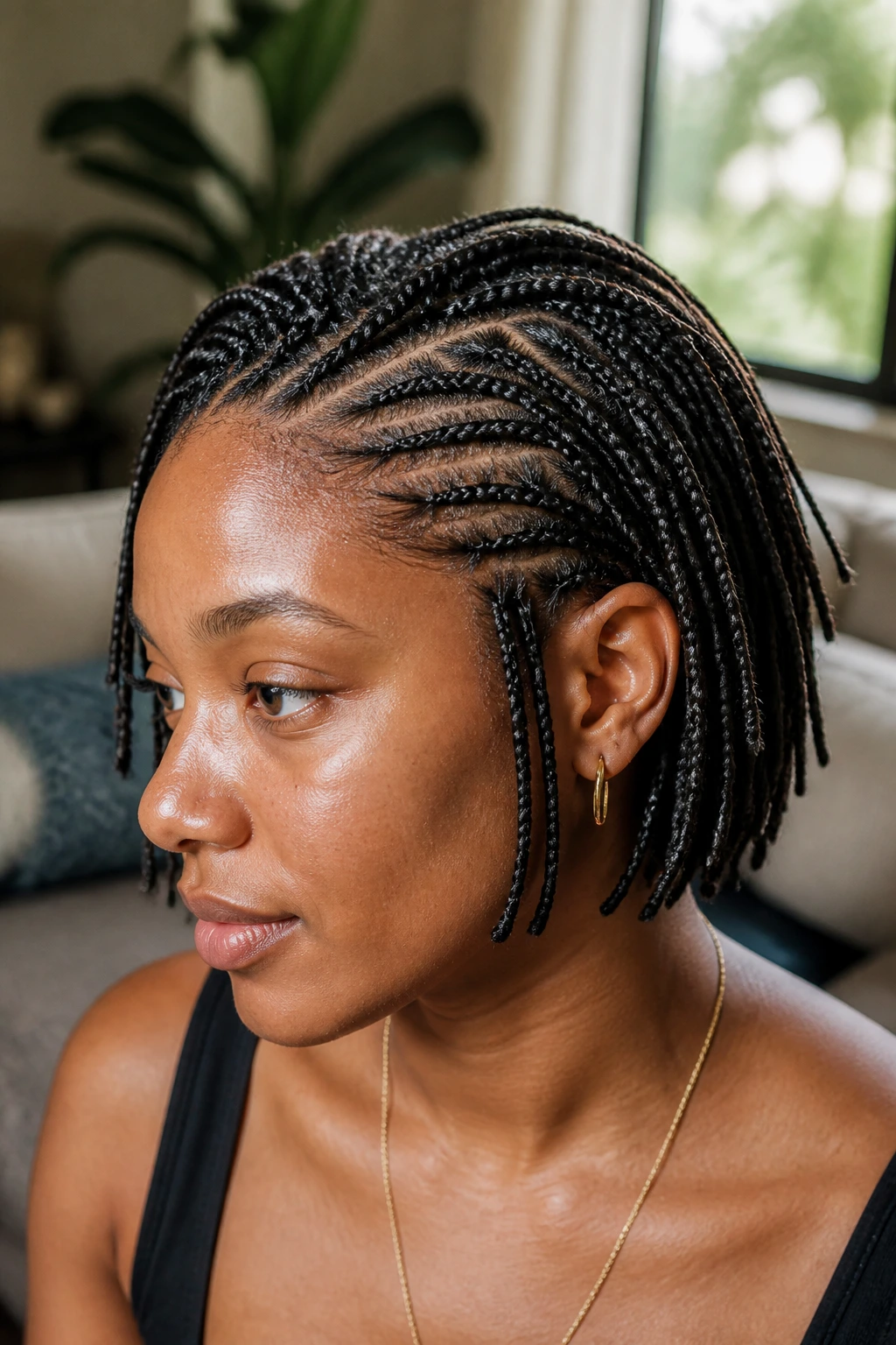 Close-up portrait of a real woman with micro box braids on short hair