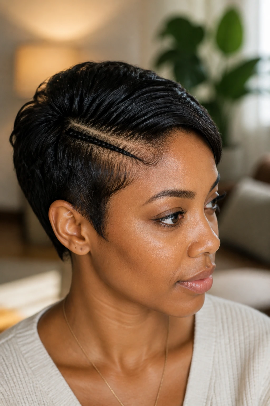 Close-up of a tiny micro braid along the temple on short hair