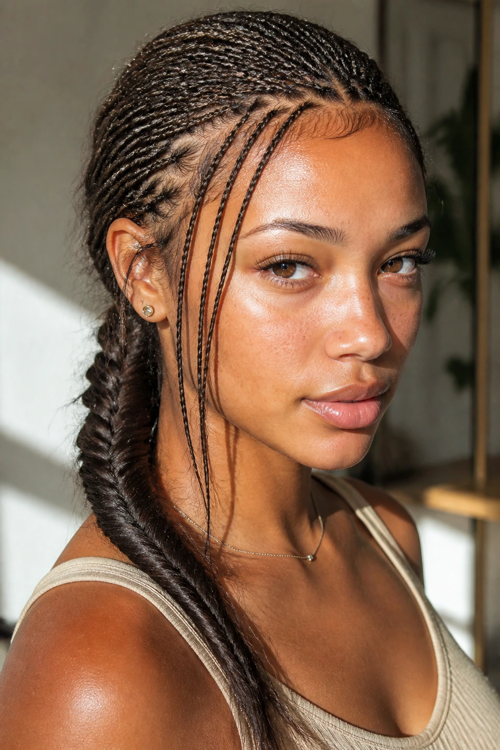 Portrait of real person with micro-braids along hairline and fishtail behind