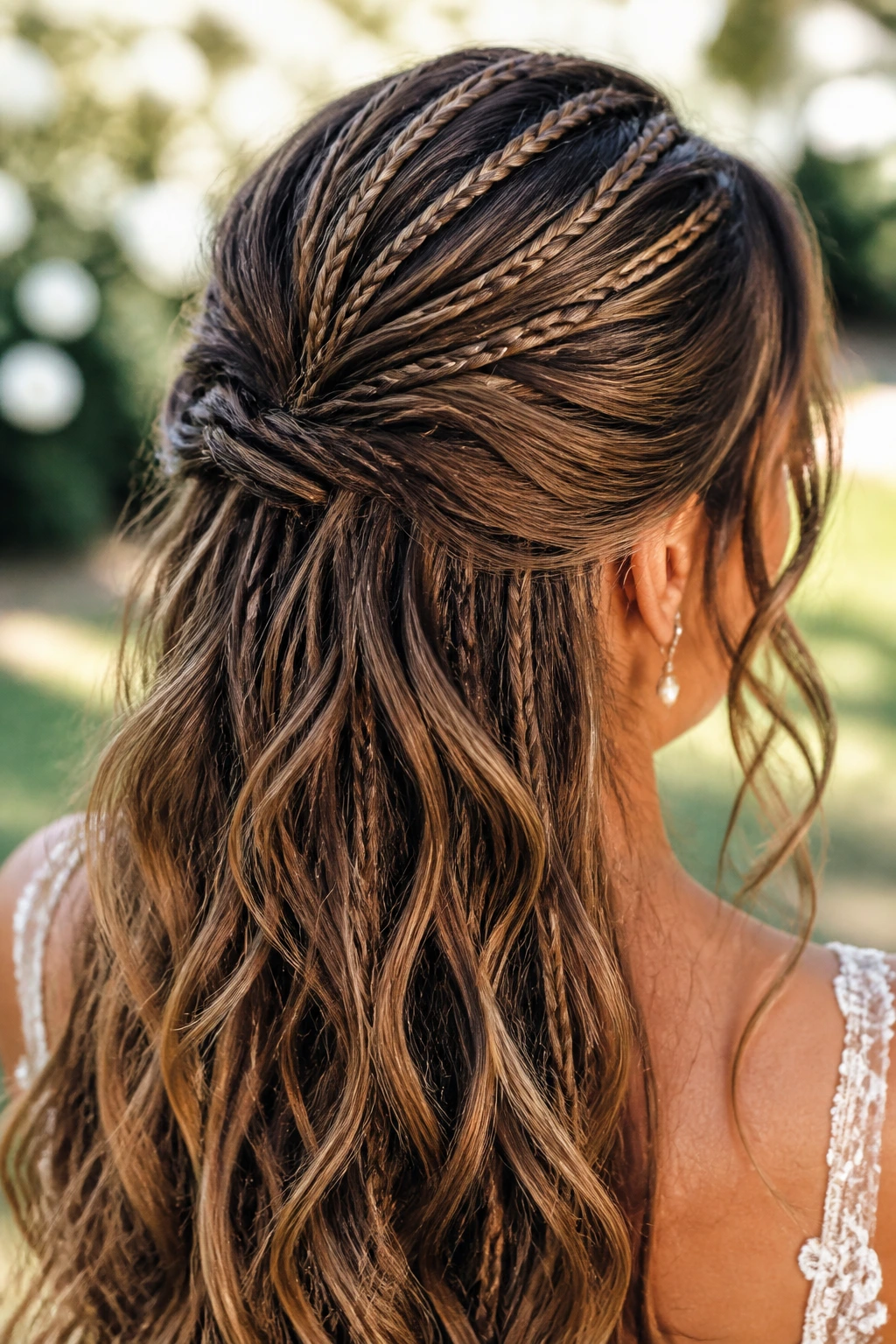 Close-up of a bride's crown with micro-braids scattered through the half-up.
