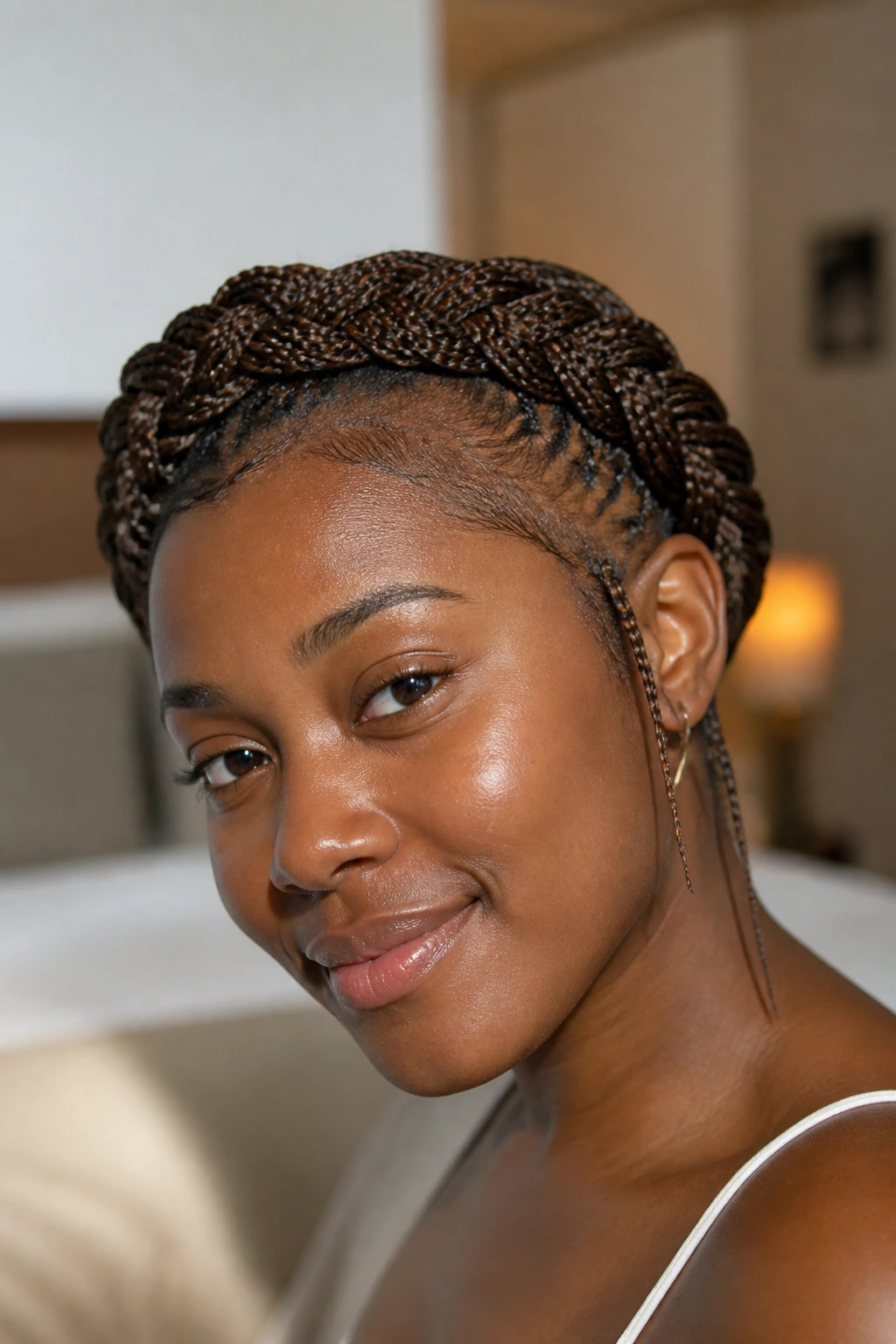 Close-up of a real woman wearing a delicate micro-braid halo crown around her head