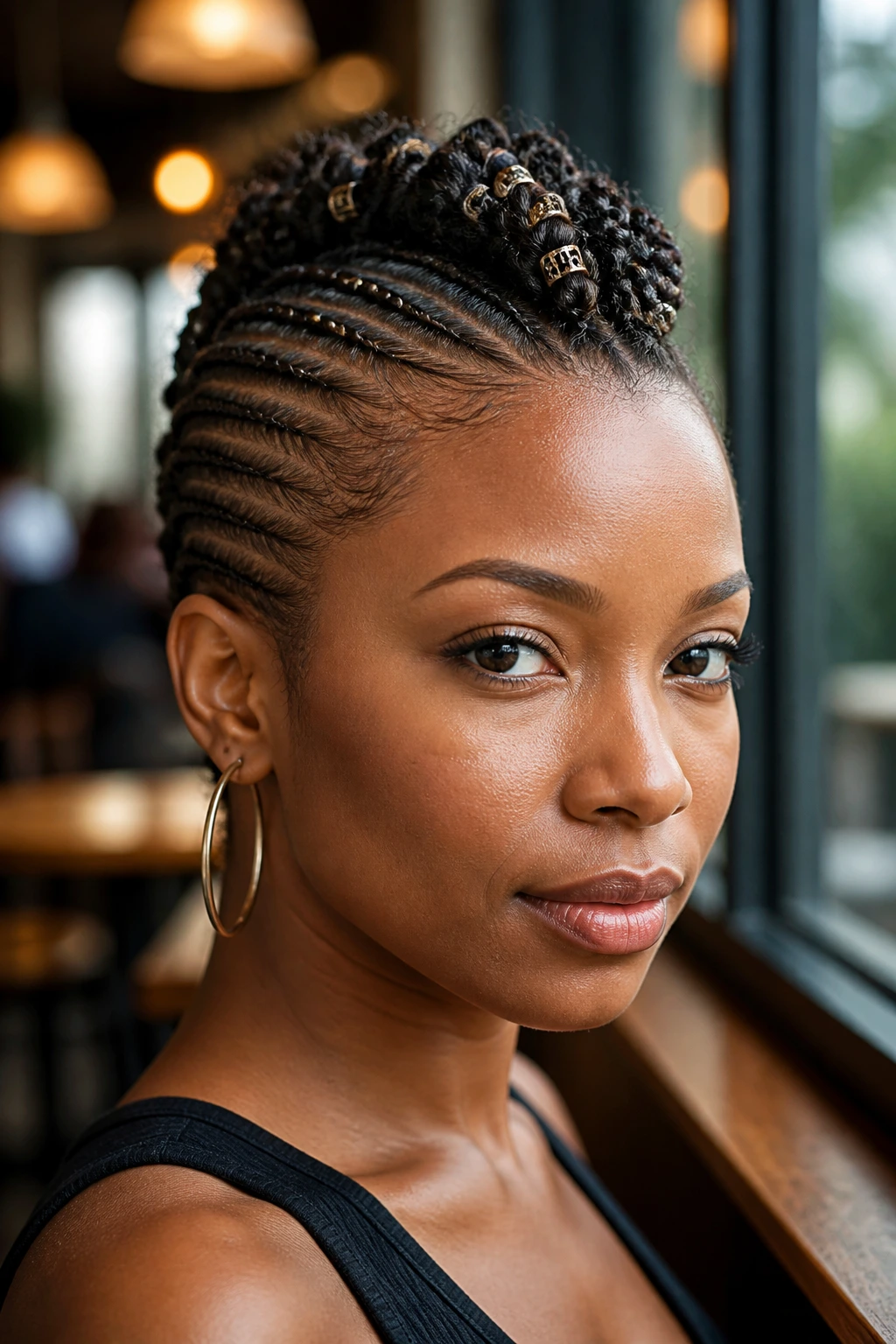 Close-up portrait of a real Black woman with a micro-braid hawk hairstyle