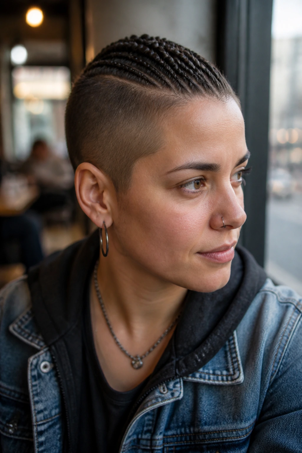 Close-up portrait of a real person with a micro-braid hawk hairstyle