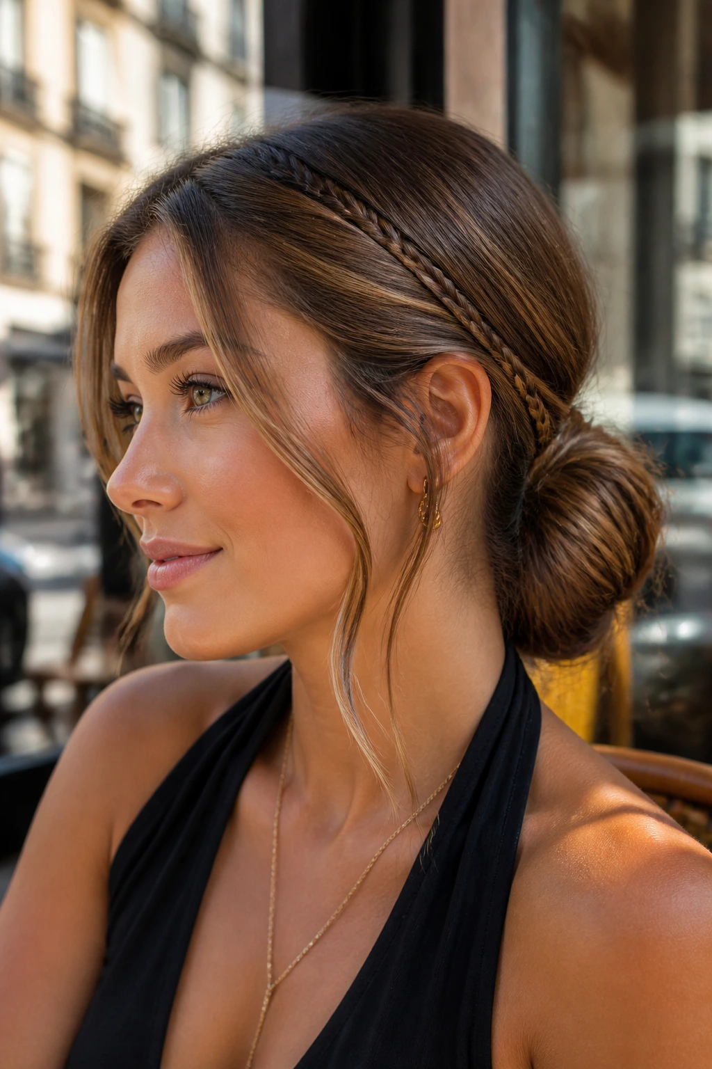 Close-up of a real woman with micro-braided accent low bun