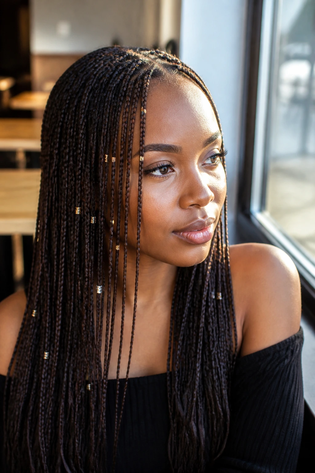 Close-up of micro braids with scattered accent beads along the front and ends
