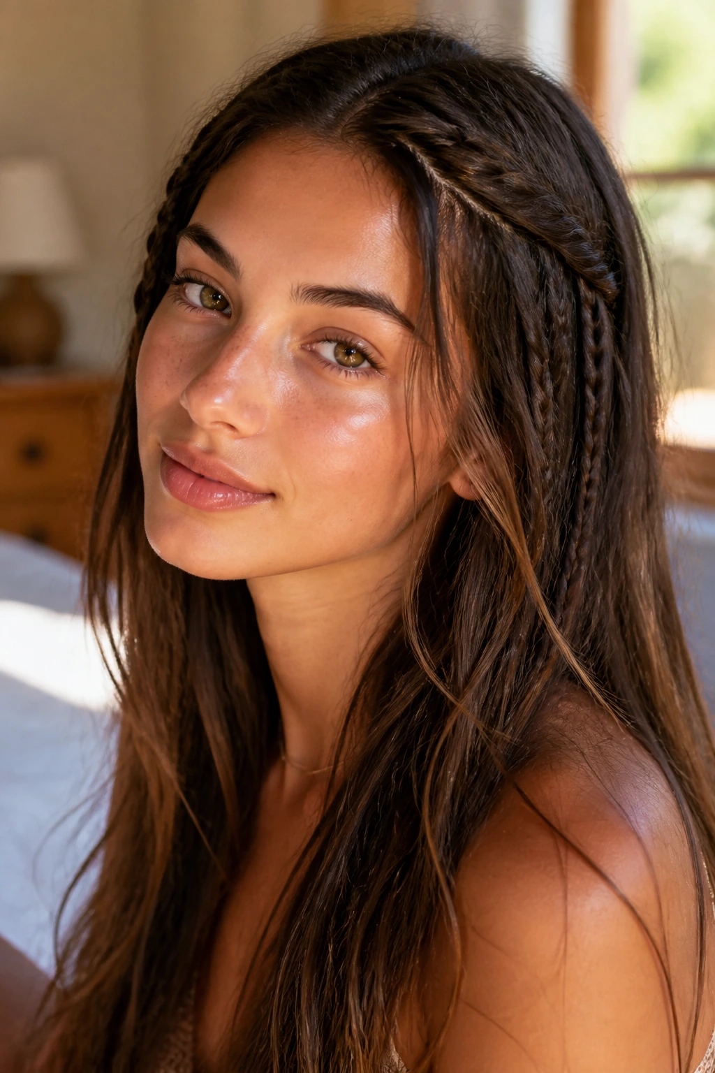Close-up of a real woman with micro braid accents in loose hair