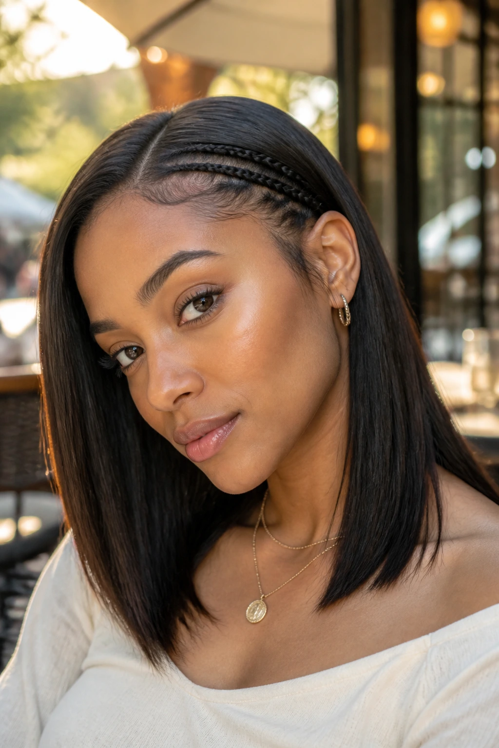 Close-up of micro braid accents at the hairline on straight hair.