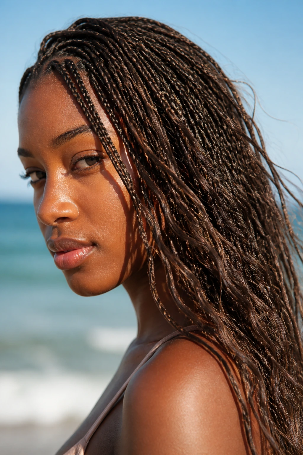 Close-up of micro braids with beachy texture on a real person outdoors