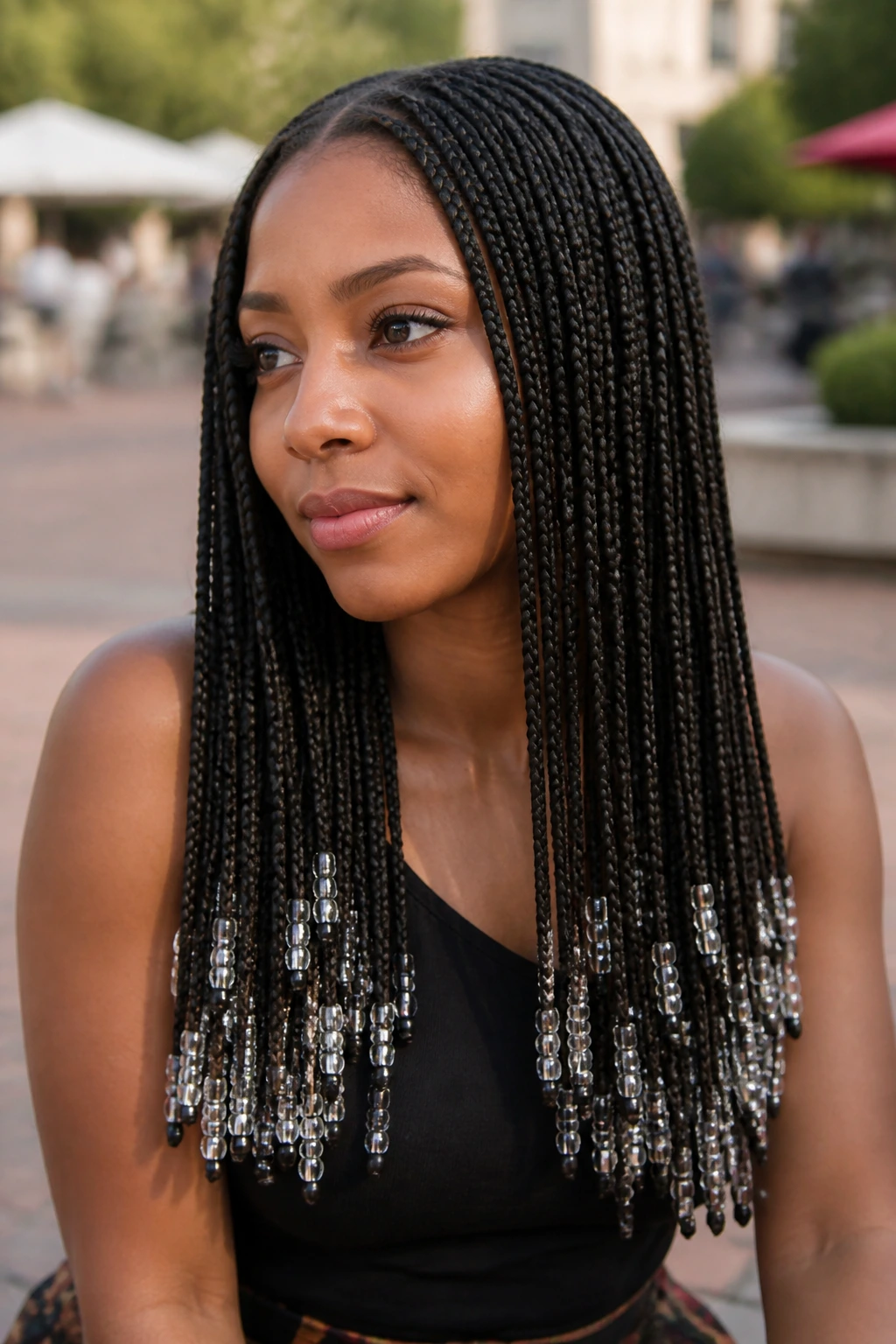 Close-up of a real woman's micro braids with beads at the ends.
