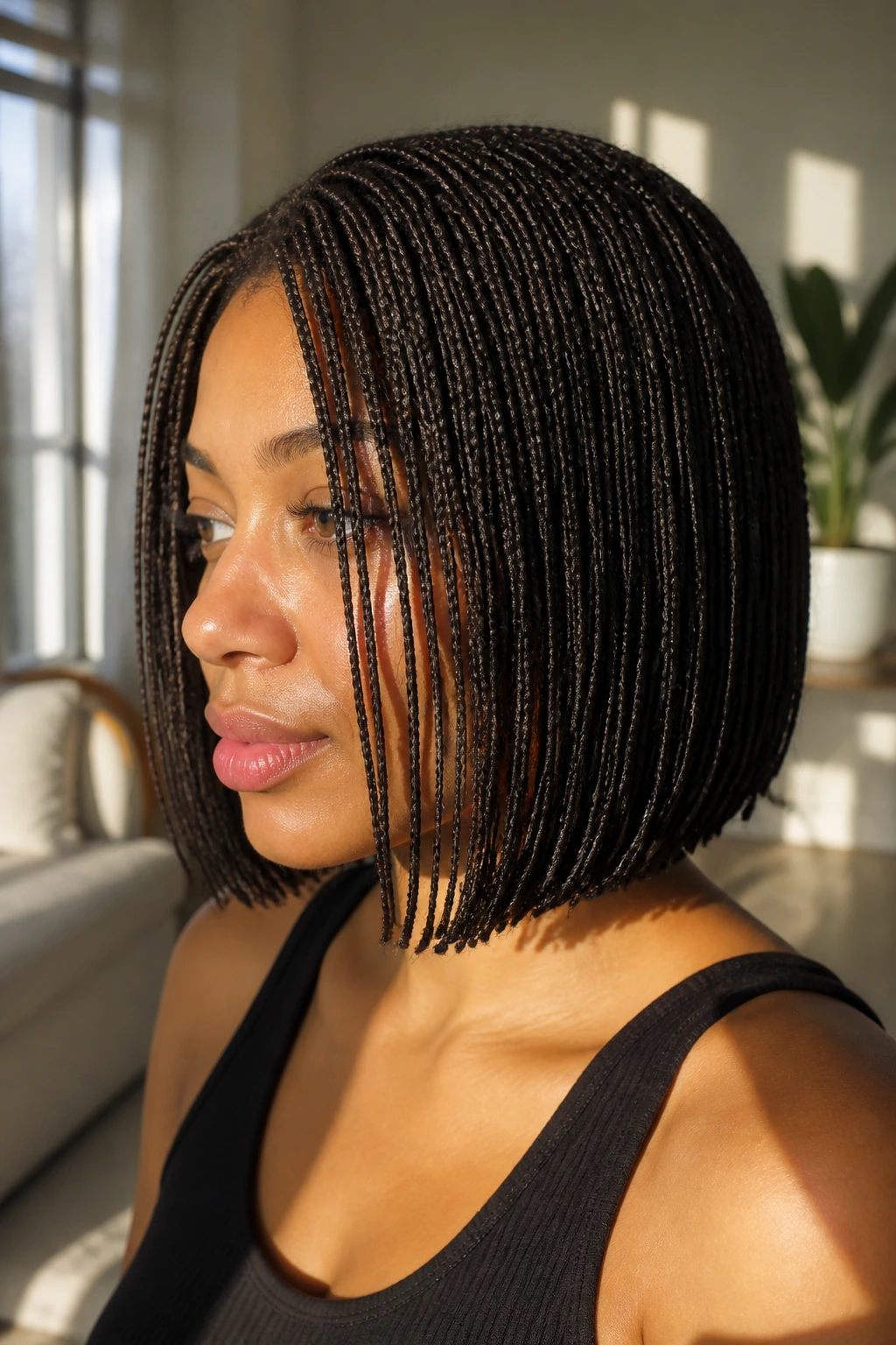 Close-up of a real person with micro braids at bob length in a sunlit room