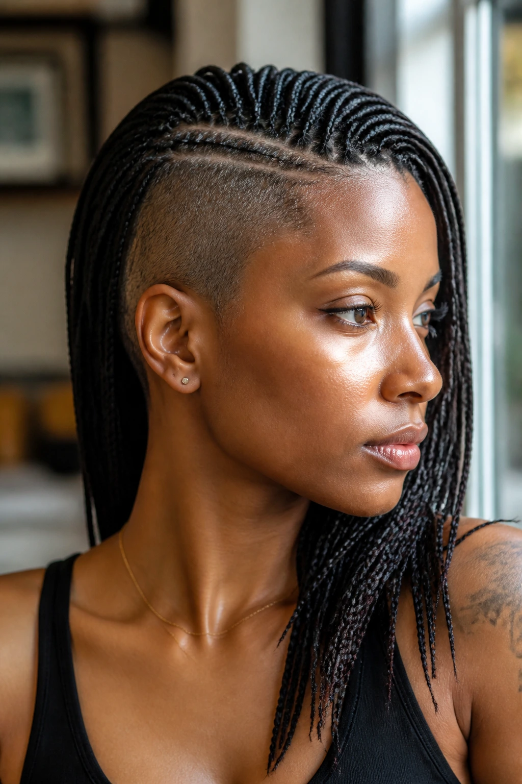 Close-up of a person with micro braids and buzzed sides