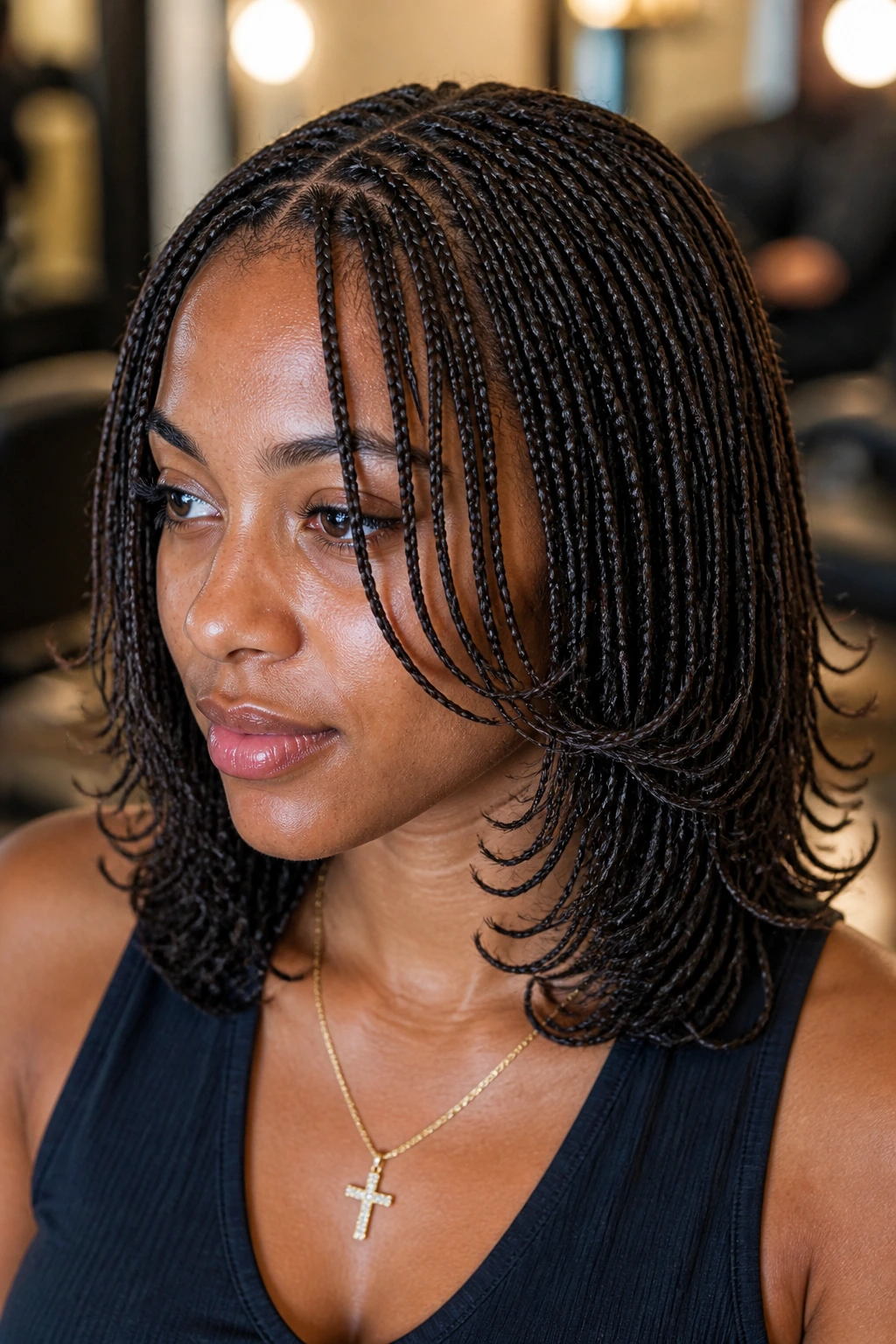 Close-up of micro braids with curved ends on a real person in a salon setting