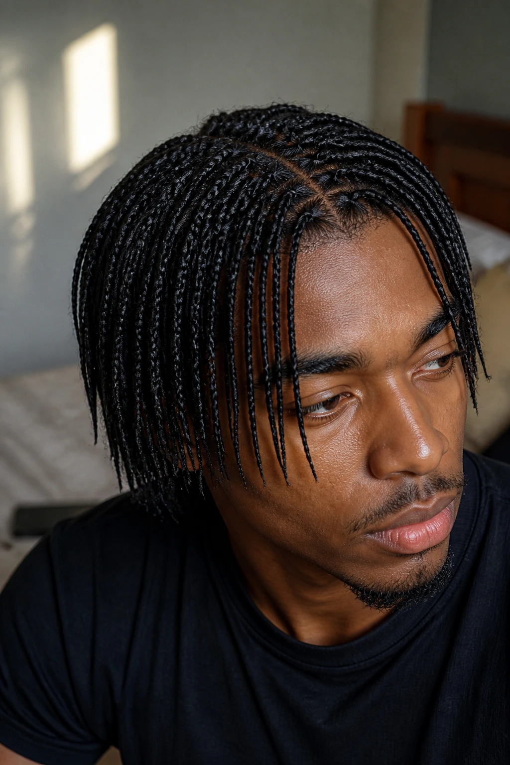 Close-up of a real man with dense micro braids in a softly lit bedroom