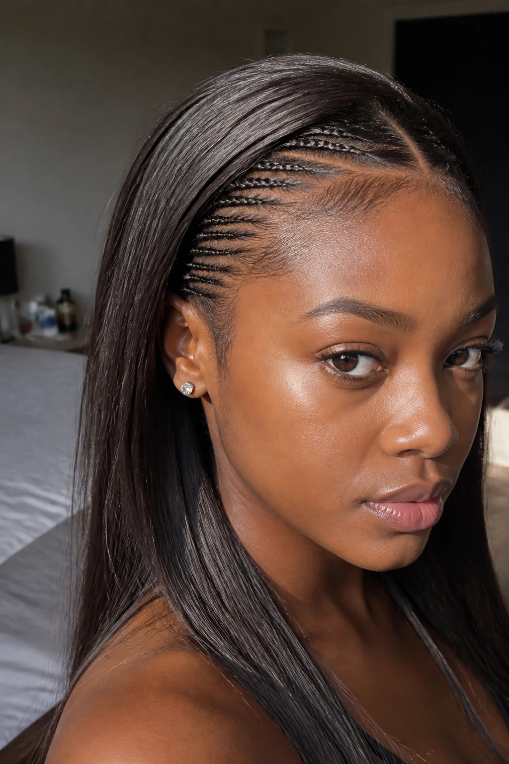 Close-up of a real woman showing micro braids at the hairline with straight hair underneath.
