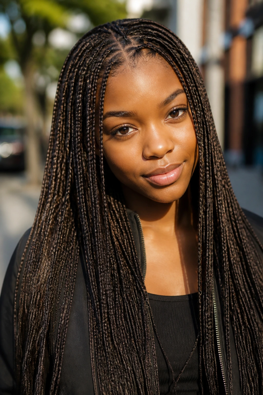 Close-up of a real person with micro braids, urban outdoor setting.