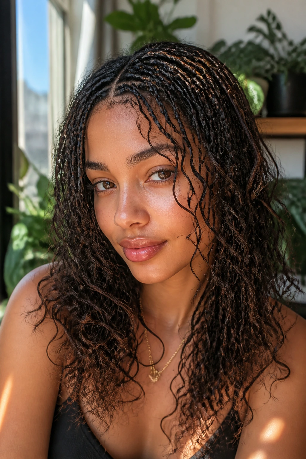 Close-up of a real person with micro braids and loose curly layers