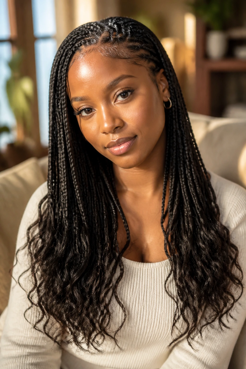 Close-up of a real woman with micro braids and loose ends.