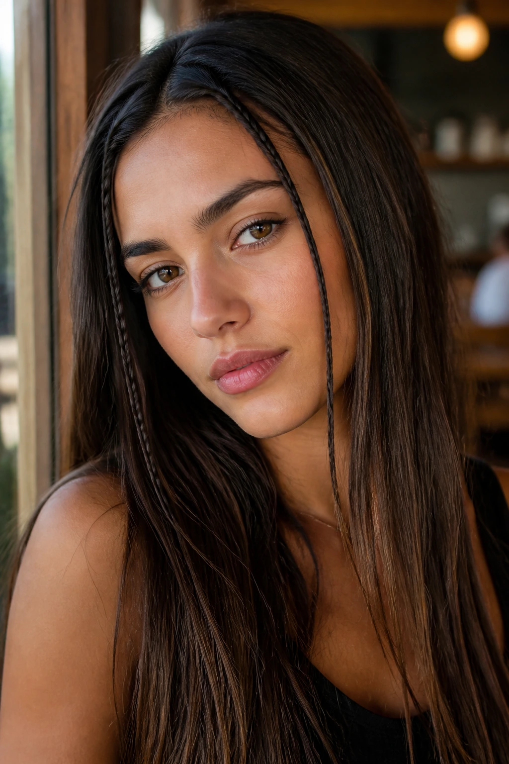 Close-up of a real woman with two micro braids framing the face and loose hair